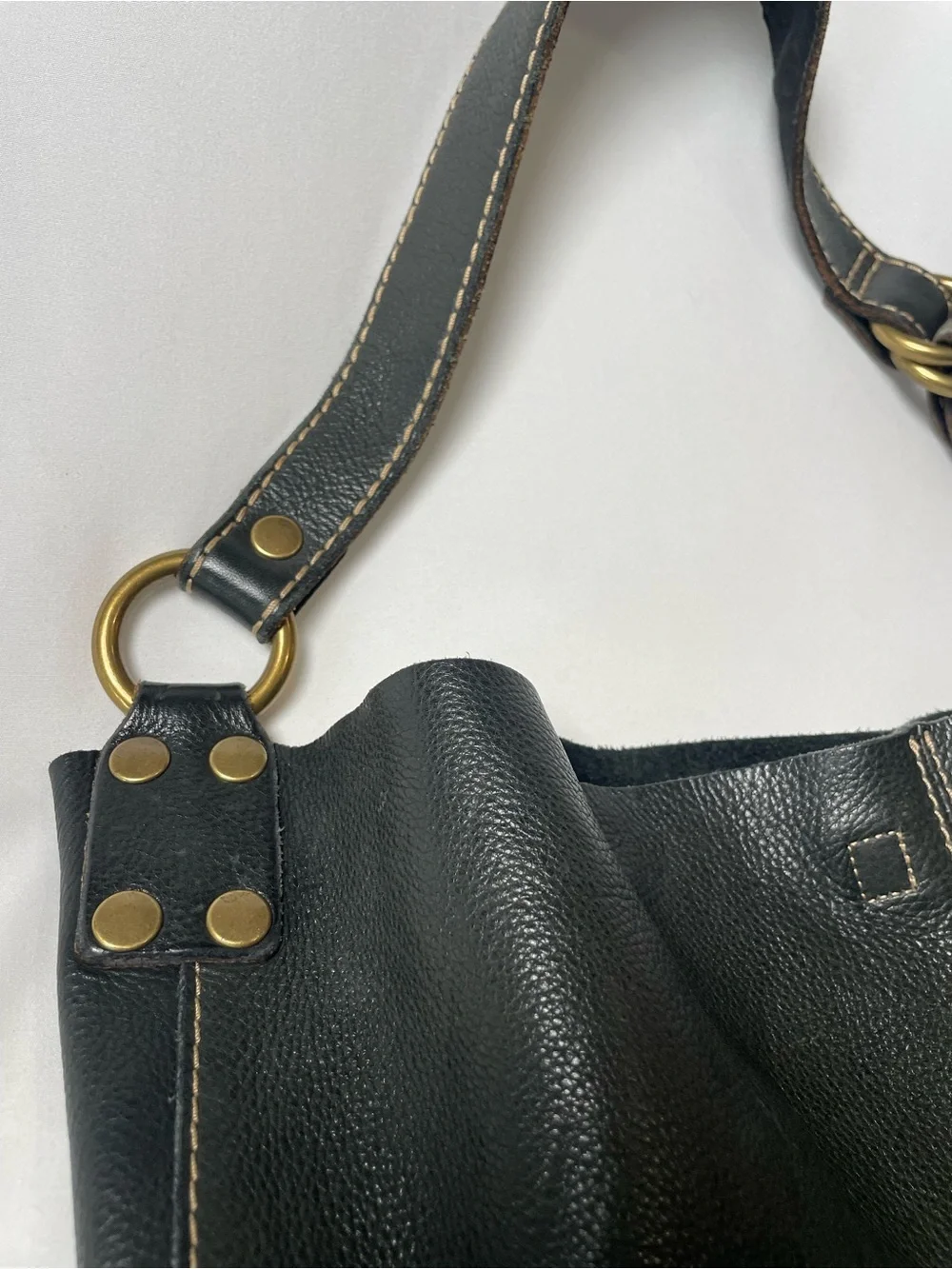 Bag Lucky Brand Black Pebbled Leather Hobo Bag Brass Hardware Boho Chic
